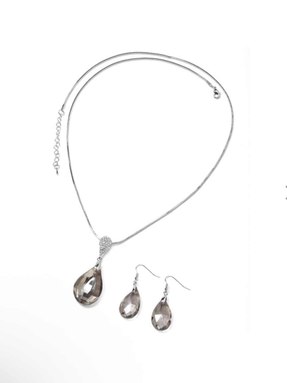 Silver-Tone Teardrop Necklace and Earring Set with Smoky Crystal